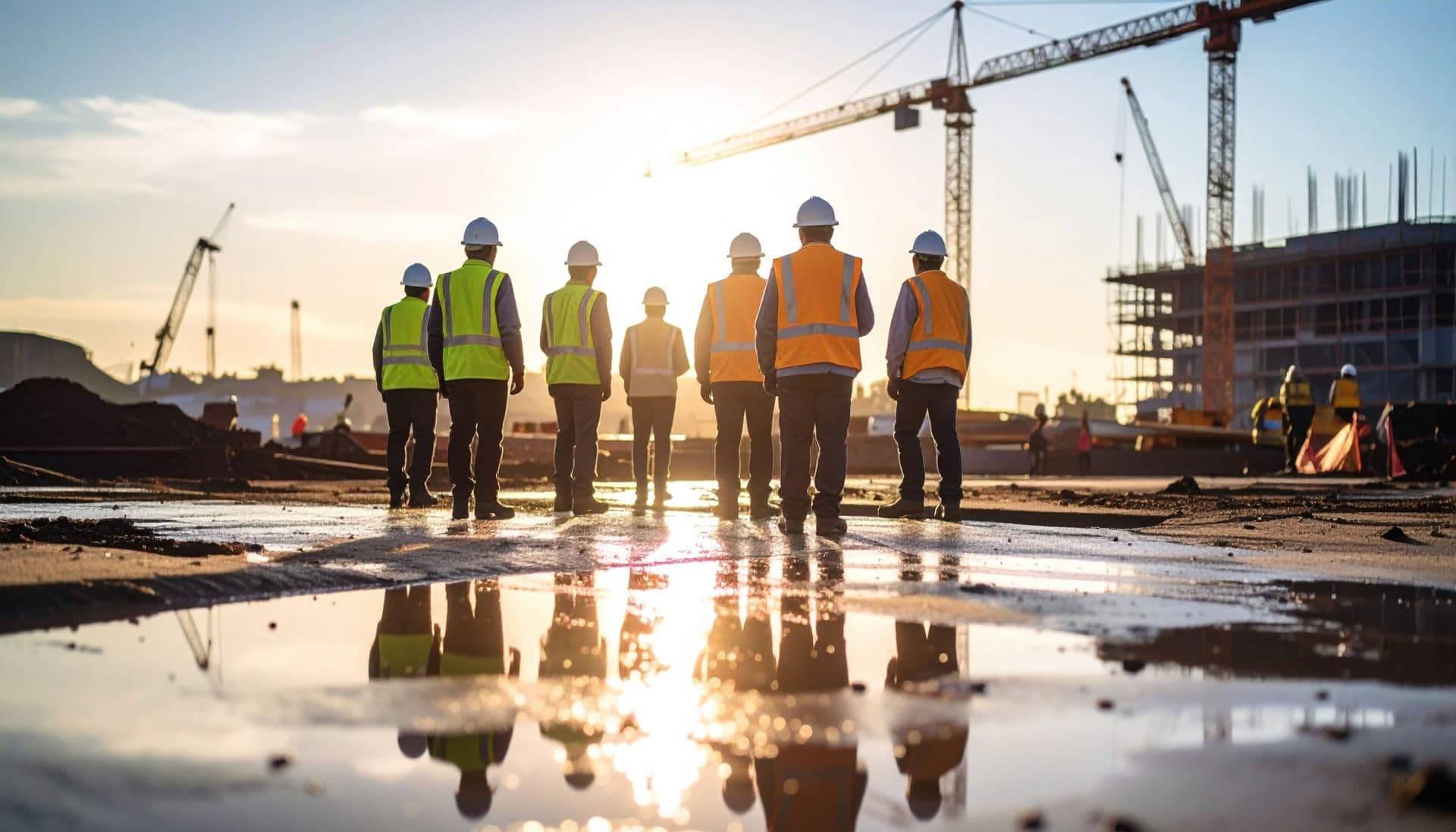 Site supervisors in high-visibility vests overlooking a construction site at sunrise